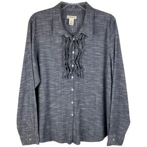 Orvis #2HSB Gray Long Sleeve Button Down Ruffle Detail Cotton Shirt‎ Women Sz 20